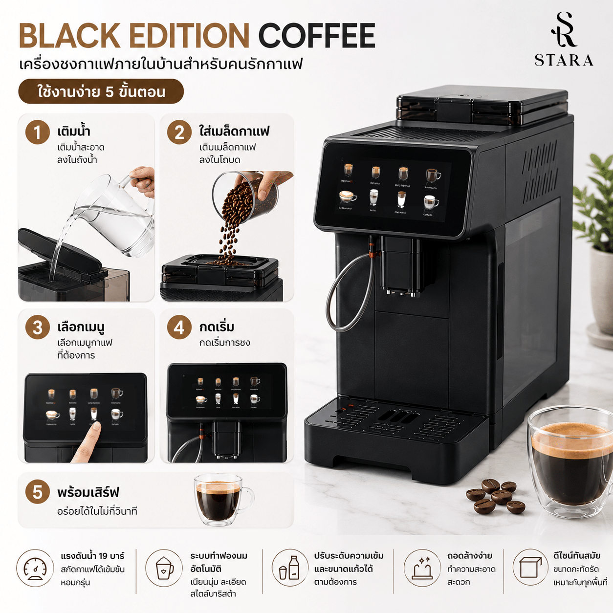 เครื่องชงกาแฟอัตโนมัติ STARA STRESP03 BLACK EDITION แรงดัน 19 บาร์  (ทำได้กว่า 10 เมนูและทำฟองนมอัตโนมัติ)_7